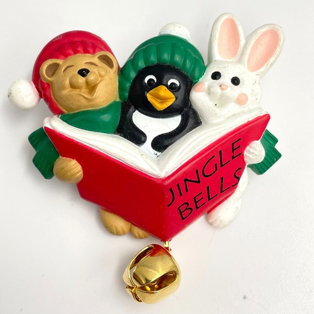 Vintage 90s Hallmark Christmas Jingle Bells Bear Penguin Bunny Book Brooch Pin